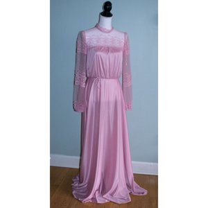 Vintage 70's Prom Formal Dress Rose Pink Satin Lace